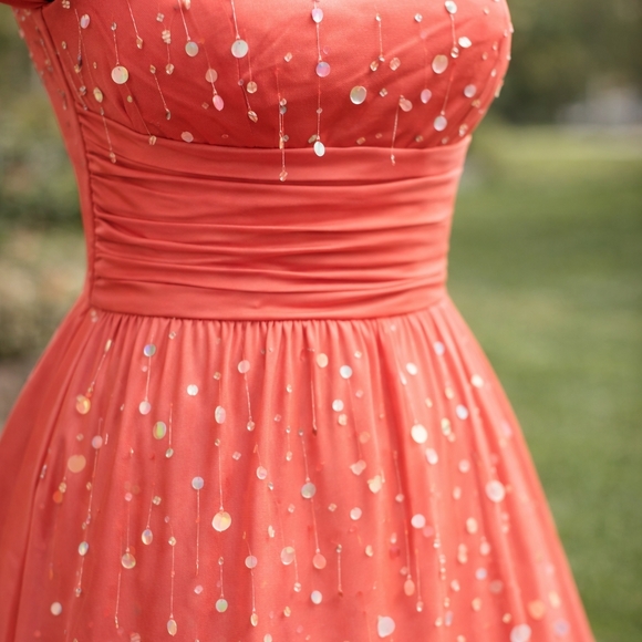 Coral Red Prom Dress Small | Sparkle Detail Skirt | Elegant Formal Gown - Picture 5 of 7